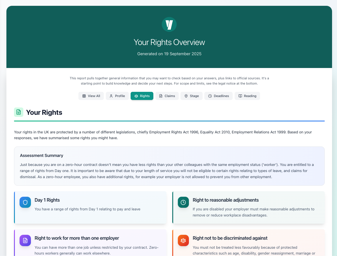 Your Rights Overview report showing assessment summary, Day 1 Rights, reasonable adjustments, right to work for multiple employers, and anti-discrimination protections