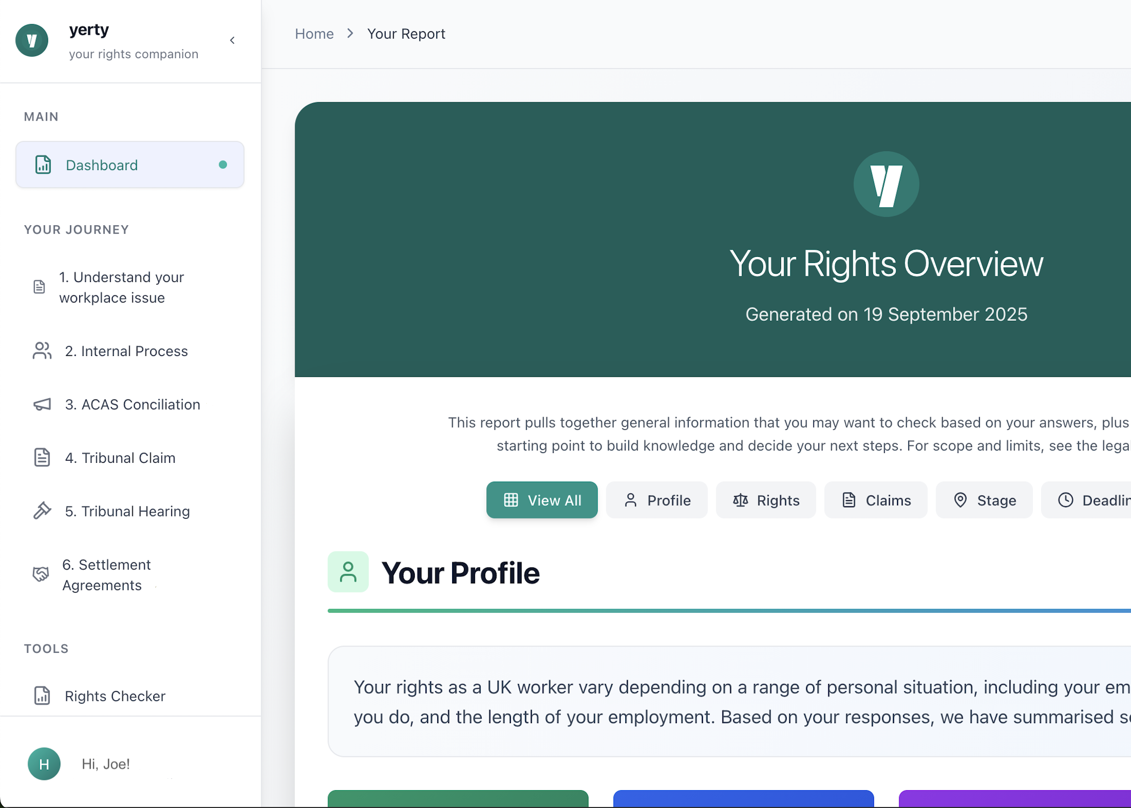 Yerty platform dashboard showing stage-based navigation with journey steps from workplace issue through tribunal, displaying user's current position and available resources
